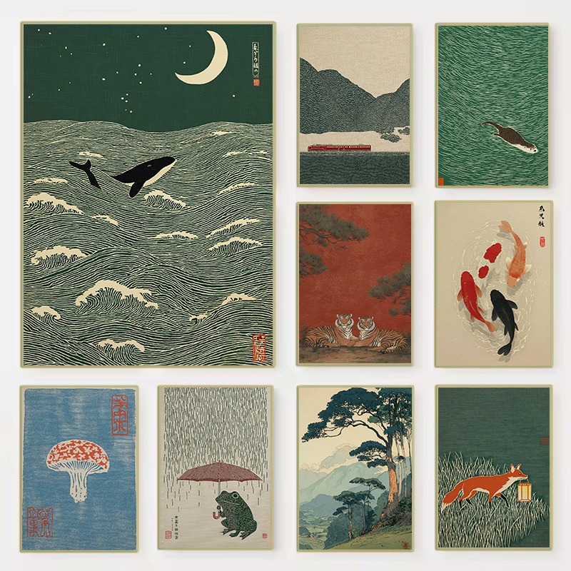Japanese Lifestyle Home - Vintage Japanese Style Illustration Train Animals