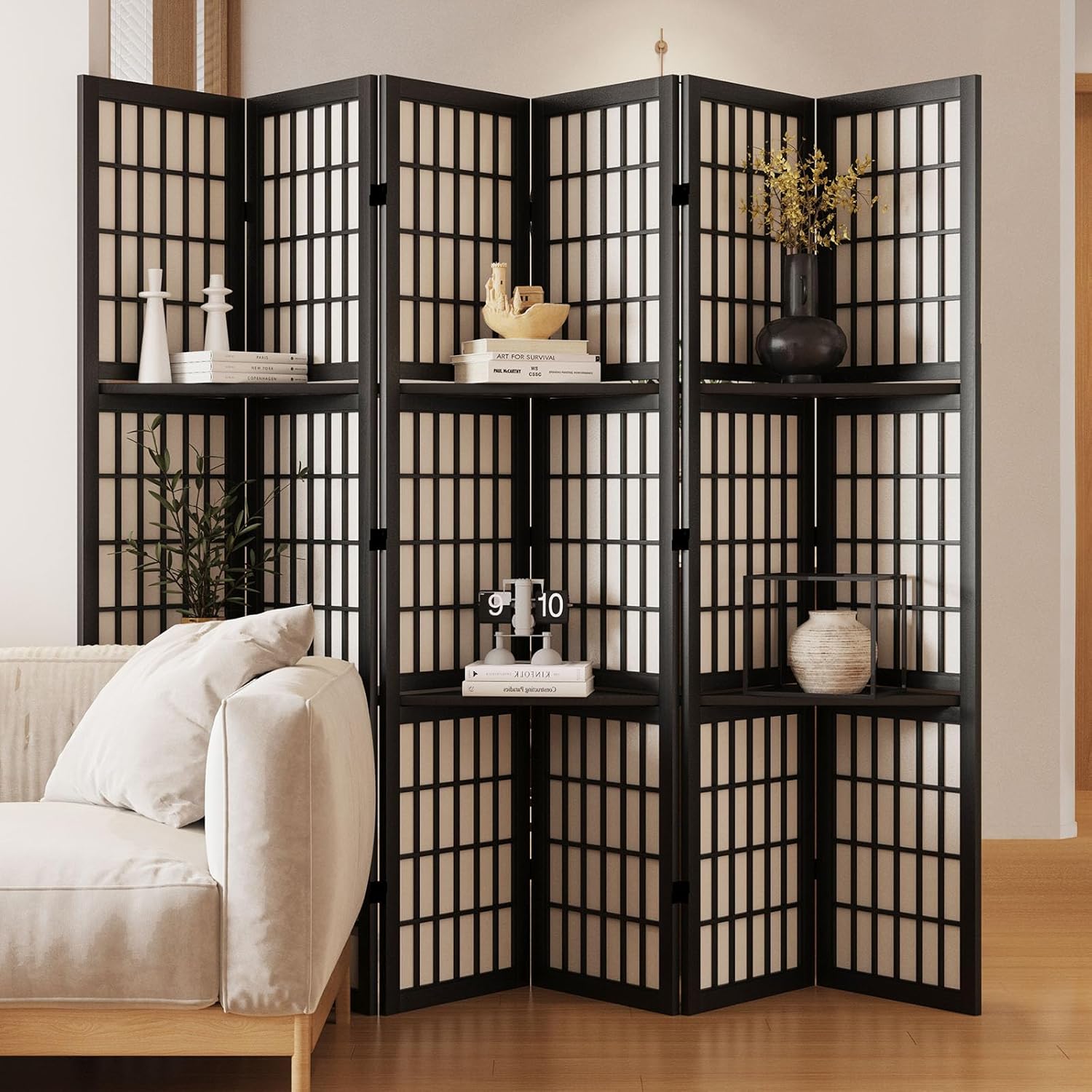 Shoji Screen Divider - Room Divider with Shelves, 66.9-Inch Tall