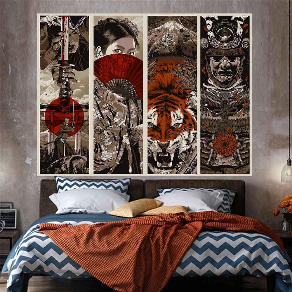 Japanese Lifestyle Goods - VIKAMA Japanese Samurai 4-Panel Tapestry, Retro